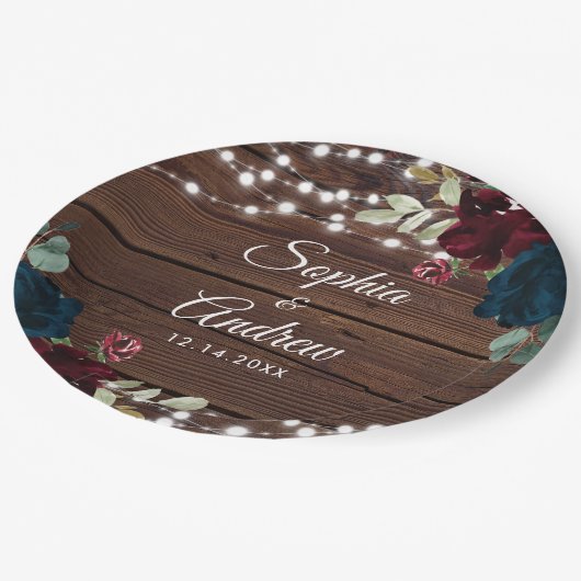 Marsala & Navy Rustiek Hout Bruiloft Papieren Bordje (Gekanteld)