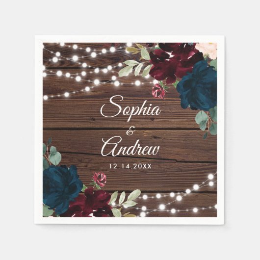 Marsala & Navy Rustiek Hout Bruiloft Servetten (Voorkant)