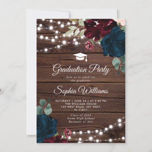 Marsala & Navy Rustiek Houten Afstudeerfeest Kaart (Voorkant)