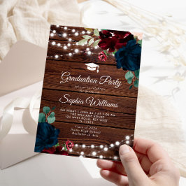 Marsala & Navy Rustiek Houten Afstudeerfeest Kaart