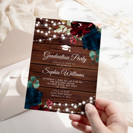 Marsala & Navy Rustiek Houten Afstudeerfeest Kaart