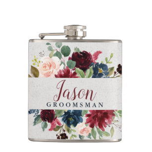 Marsala & Navy Trouwdag Groomsman gepersonaliseerd Heupfles