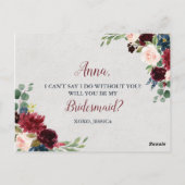 Marsala & Navy Wedding Floral Bridesmaid Voorstel Briefkaart (Achterkant)