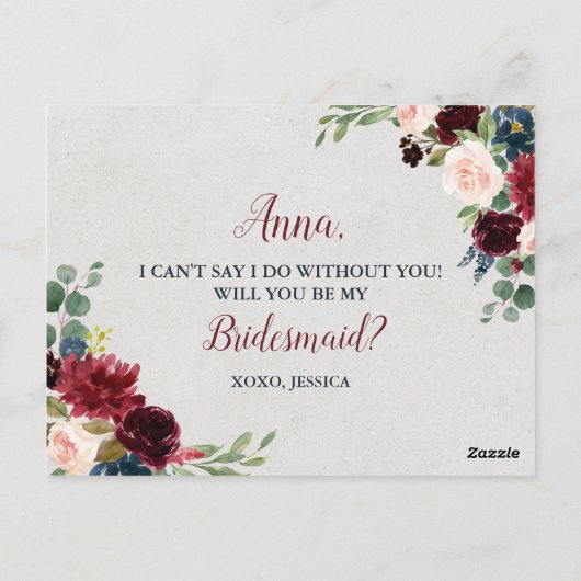 Marsala & Navy Wedding Floral Bridesmaid Voorstel Briefkaart (Achterkant)