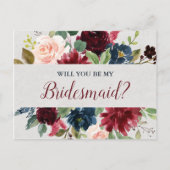 Marsala & Navy Wedding Floral Bridesmaid Voorstel Briefkaart (Voorkant)
