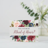 Marsala & Navy Wedding Floral Maid of Honor Briefkaart (Staand voorkant)