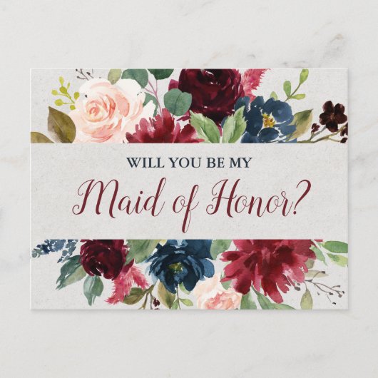 Marsala & Navy Wedding Floral Maid of Honor Briefkaart (Voorkant)
