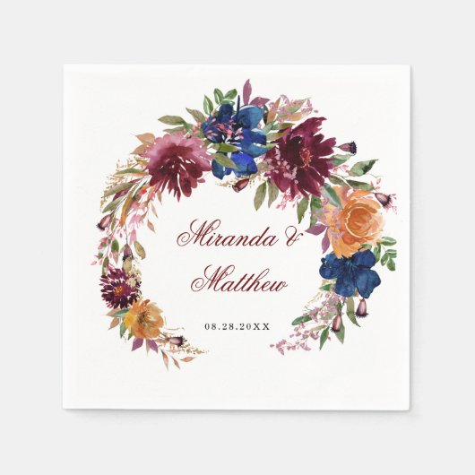 Marsala Oranje Floral Geometric Wedding Servet (Voorkant)