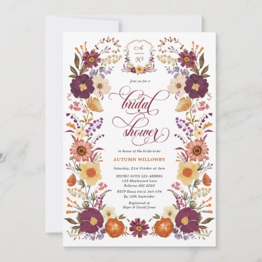 Marsala Oranje Herfst Floral Crest Vrijgezellenfee Kaart (Voorkant)