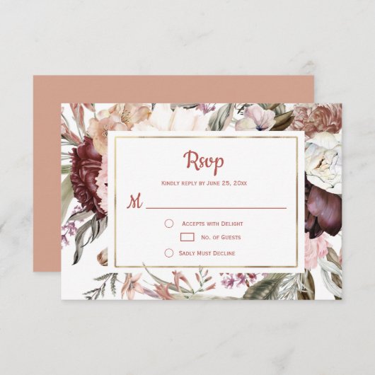 Marsala Peach Terracotta Pink Floral RSVP (Voorkant / Achterkant)