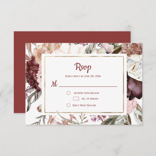 Marsala Peach Terracotta Pink Floral RSVP (Voorkant / Achterkant)