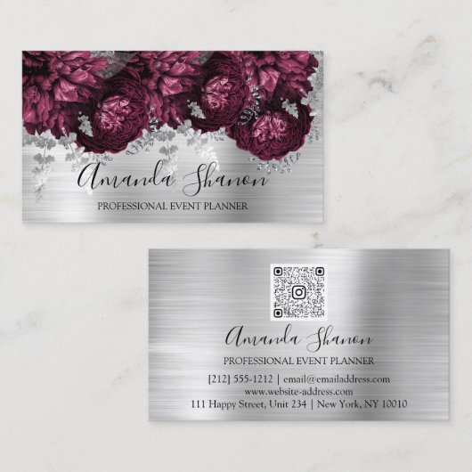 Marsala Peony Flowers Silver Logo Event Planner Visitekaartje (Voorkant / Achterkant)