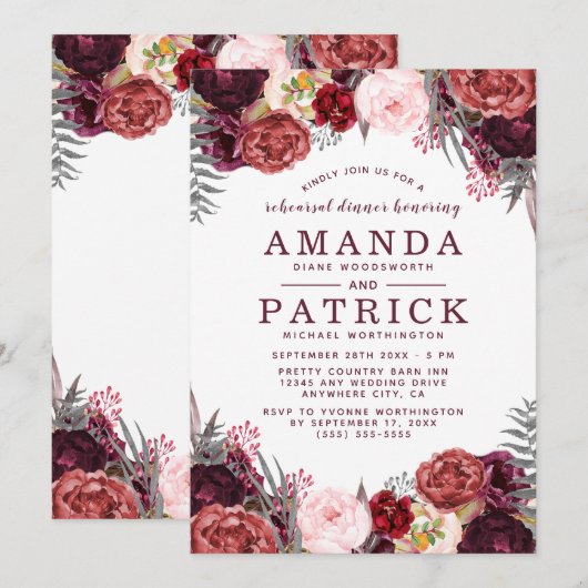 Marsala Peony Herfst repetitie diner uitnodigingen (Voorkant / Achterkant)