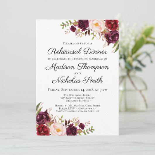 Marsala & Pink Bloemen repetitie diner uitnodiging (Staand voorkant)