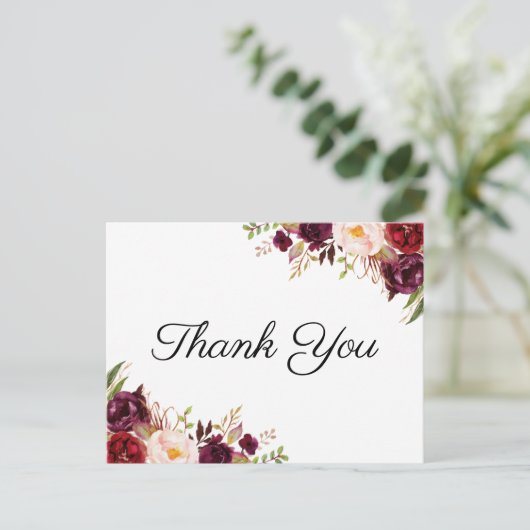 Marsala & Pink Bloemenbruiloft Dank u Briefkaarten (Staand voorkant)