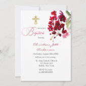 Marsala Pink Floral Gold Cross Baptisme Uitnodigin Kaart (Voorkant)