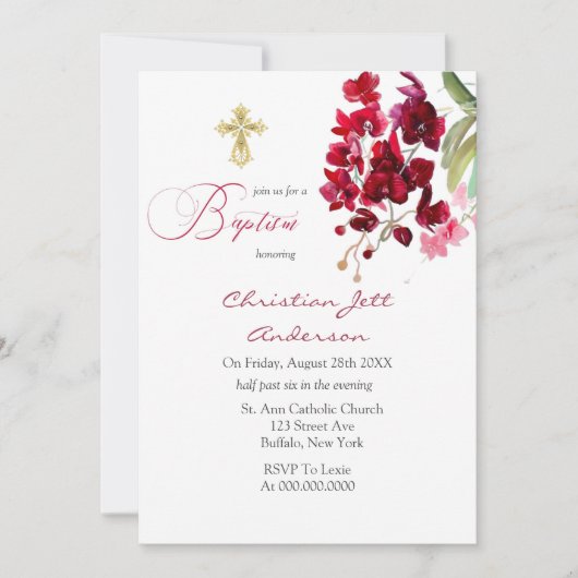 Marsala Pink Floral Gold Cross Baptisme Uitnodigin Kaart (Voorkant)