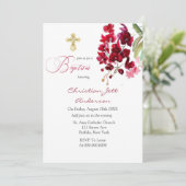 Marsala Pink Floral Gold Cross Baptisme Uitnodigin Kaart (Staand voorkant)