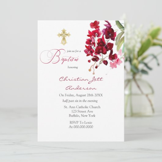 Marsala Pink Floral Gold Cross Baptisme Uitnodigin Kaart (Staand voorkant)
