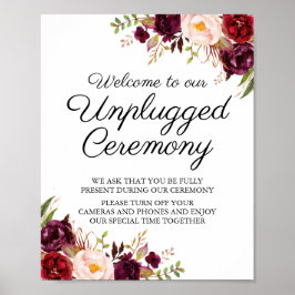 Marsala & Pink Floral Unplugged Ceremony Sign. Poster