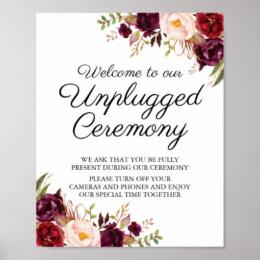 Marsala & Pink Floral Unplugged Ceremony Sign. Poster (Voorkant)