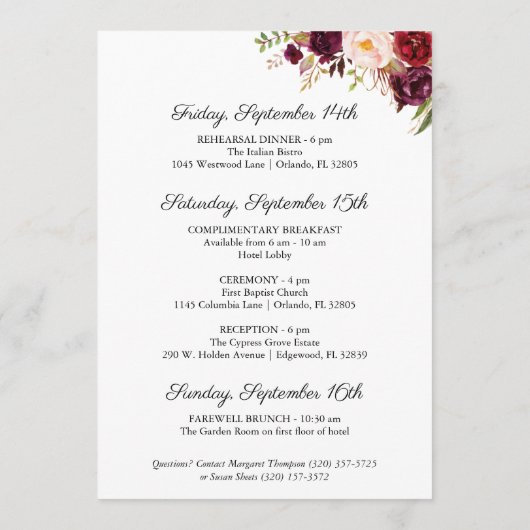 Marsala & Pink Floral Wedding Hotel Welkom Kaarten (Achterkant)