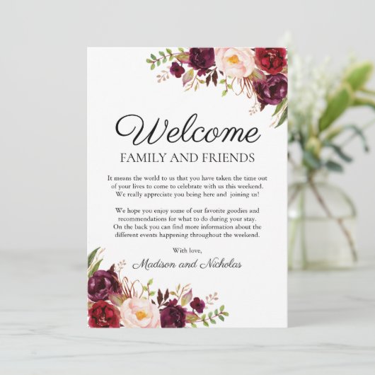 Marsala & Pink Floral Wedding Hotel Welkom Kaarten (Staand voorkant)