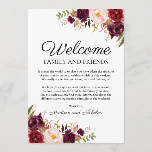 Marsala & Pink Floral Wedding Hotel Welkom Kaarten (Voorkant)