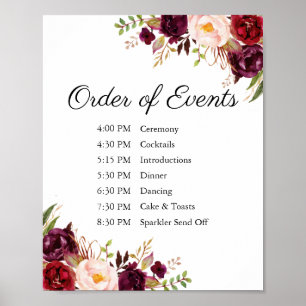Marsala Pink Floral Wedding Order of Events Sign Poster