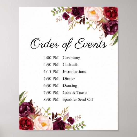 Marsala Pink Floral Wedding Order of Events Sign Poster (Voorkant)