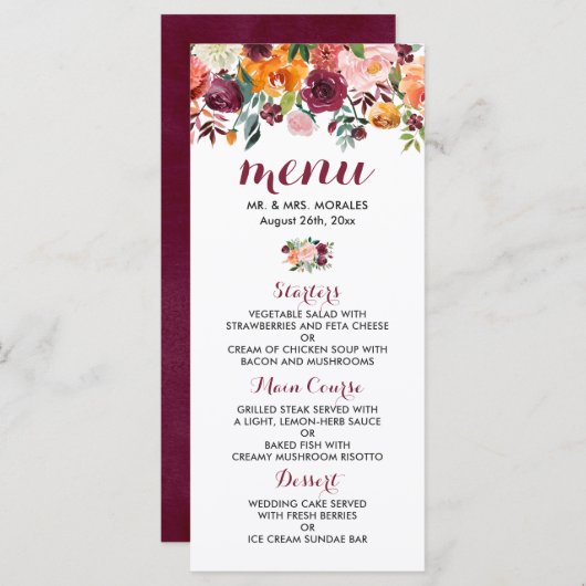 Marsala Pink Oranje Botanische Garden Weddenschap  Menu (Voorkant / Achterkant)