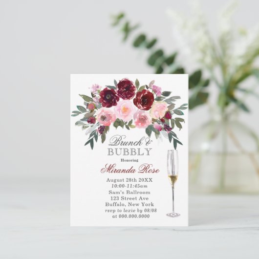 Marsala Pink Painted Peony Brunch & Bubble Kaart (Staand voorkant)