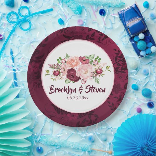 Marsala & Pink Waterverf Peony Wedding-1 Papieren Bordje (Feest)