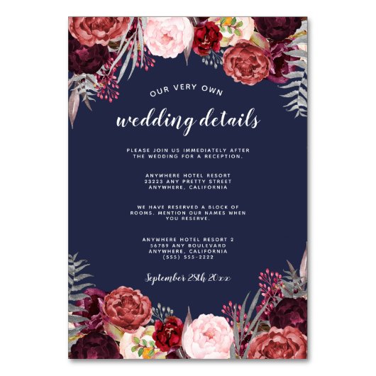 Marsala Pioen Bruiloft Invoegen Ontvangst Kaarten (Voorkant)