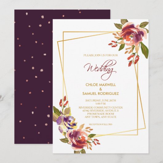 Marsala Plum Rozen Floral Wedding Kaart (Voorkant / Achterkant)