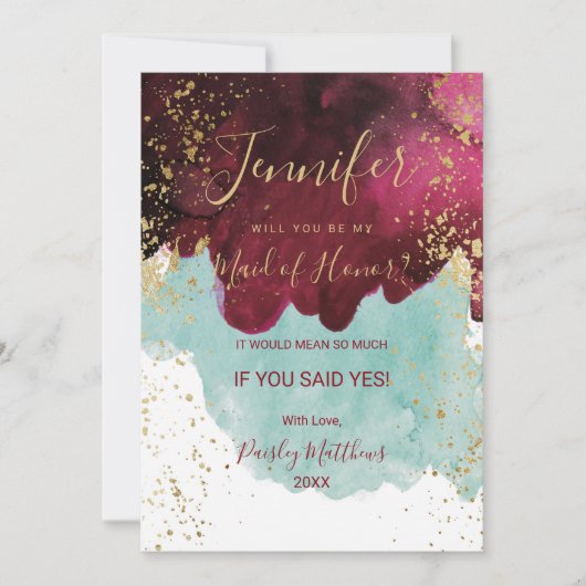 Marsala Red Blauwgroen Waterverf Gold Maid of Hono Kaart (Voorkant)