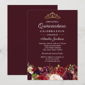 Marsala Red Bourgogne Bloemen Quinceanera Uitnodig Kaart (Voorkant / Achterkant)