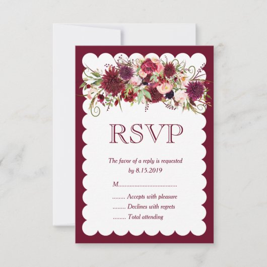 Marsala Red Bourgondië Floral Boho Bruiloft RSVP K (Voorkant)