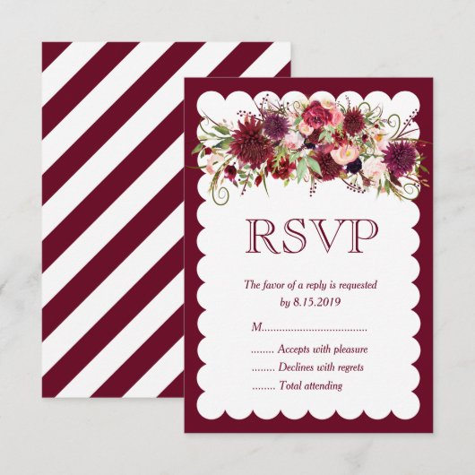Marsala Red Bourgondië Floral Boho Bruiloft RSVP K Kaartje (Voorkant / Achterkant)
