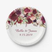 Marsala Red Bourgondië Floral bruiloft papier Bord (Voorkant)