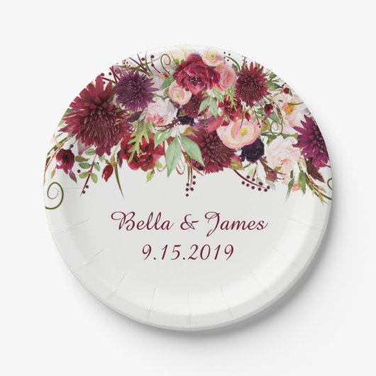 Marsala Red Bourgondië Floral bruiloft papier Bord (Voorkant)