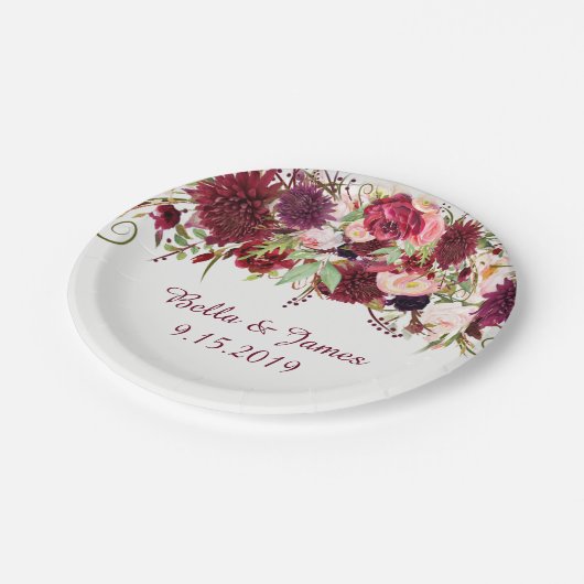 Marsala Red Bourgondië Floral bruiloft papier Bord (Gekanteld)