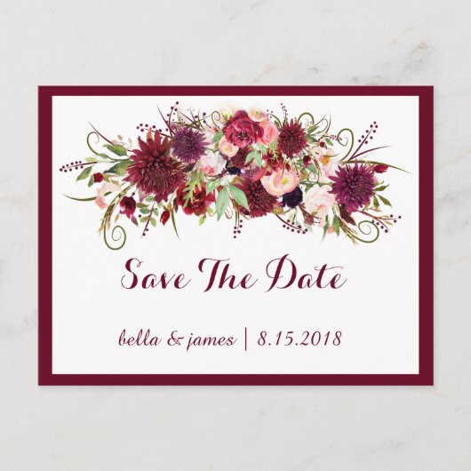 Marsala Red Bourgondië Floral Save The Date Briefk Aankondigingskaart (Voorkant)