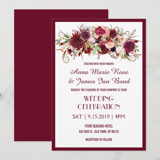 Marsala Red Burgundy Floral Chic Wedding Cards Kaart (Voorkant / Achterkant)