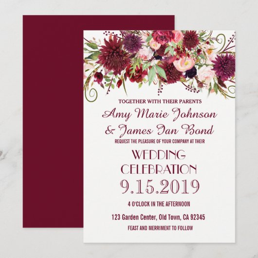 Marsala Red Burgundy Floral Chic Wedding Cards Kaart (Voorkant / Achterkant)