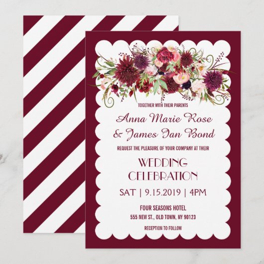 Marsala Red Burgundy Floral Chic Wedding Invite Kaart (Voorkant / Achterkant)