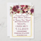 Marsala Red Burgundy Floral Gold Wedding Invite Kaart (Voorkant)