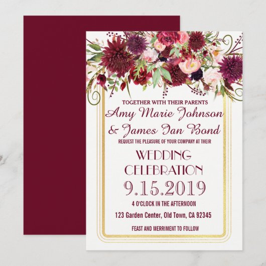 Marsala Red Burgundy Floral Gold Wedding Invite Kaart (Voorkant / Achterkant)