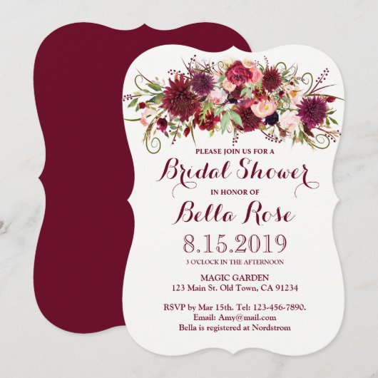 Marsala Red Burgundy Floral Vrijgezellenfeest Invi Kaart (Voorkant / Achterkant)