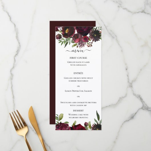 Marsala Red Burgundy Floral Waterverf Menu (Voorkant / Achterkant in situ)